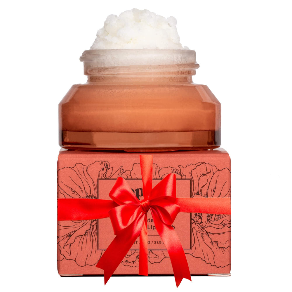 Poppy & Pout lip scrub jar closeup highlighting natural ingredients for smoother lips
