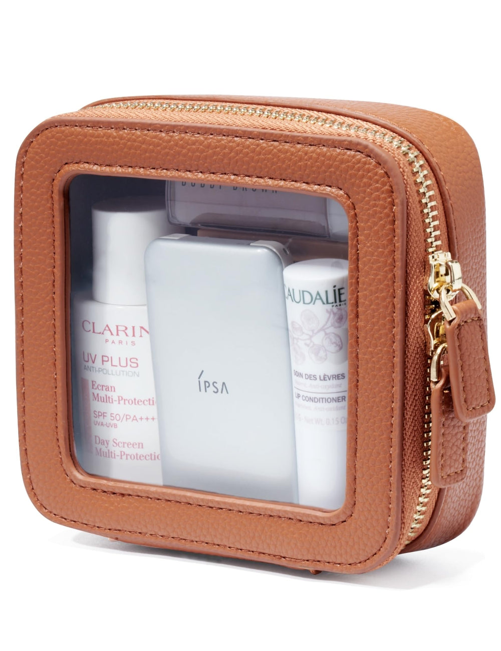 Popvibe Clear Makeup Bag front view showing transparent panel for quick item checks during travel.