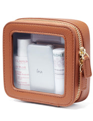 Popvibe Clear Makeup Bag front view showing transparent panel for quick item checks during travel.