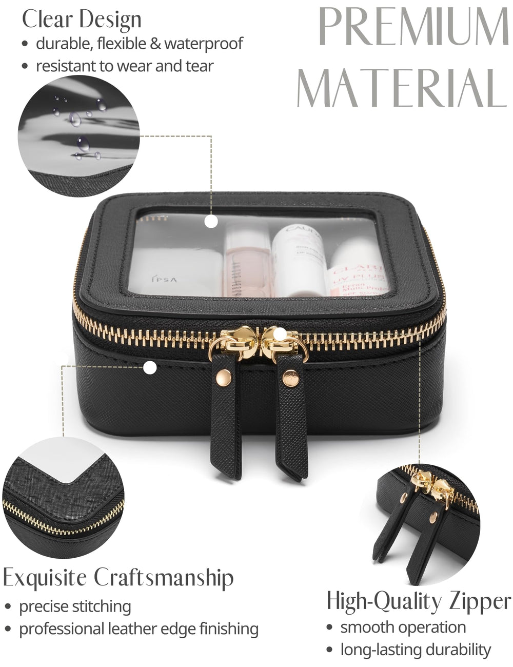 Popvibe mini clear black makeup bag back view highlights compact travel size for handbags and totes.