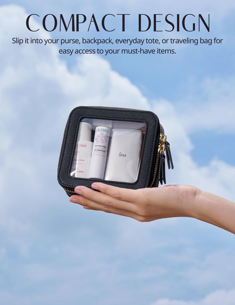 Popvibe mini clear black makeup bag compact-size sits flat for purse organization.