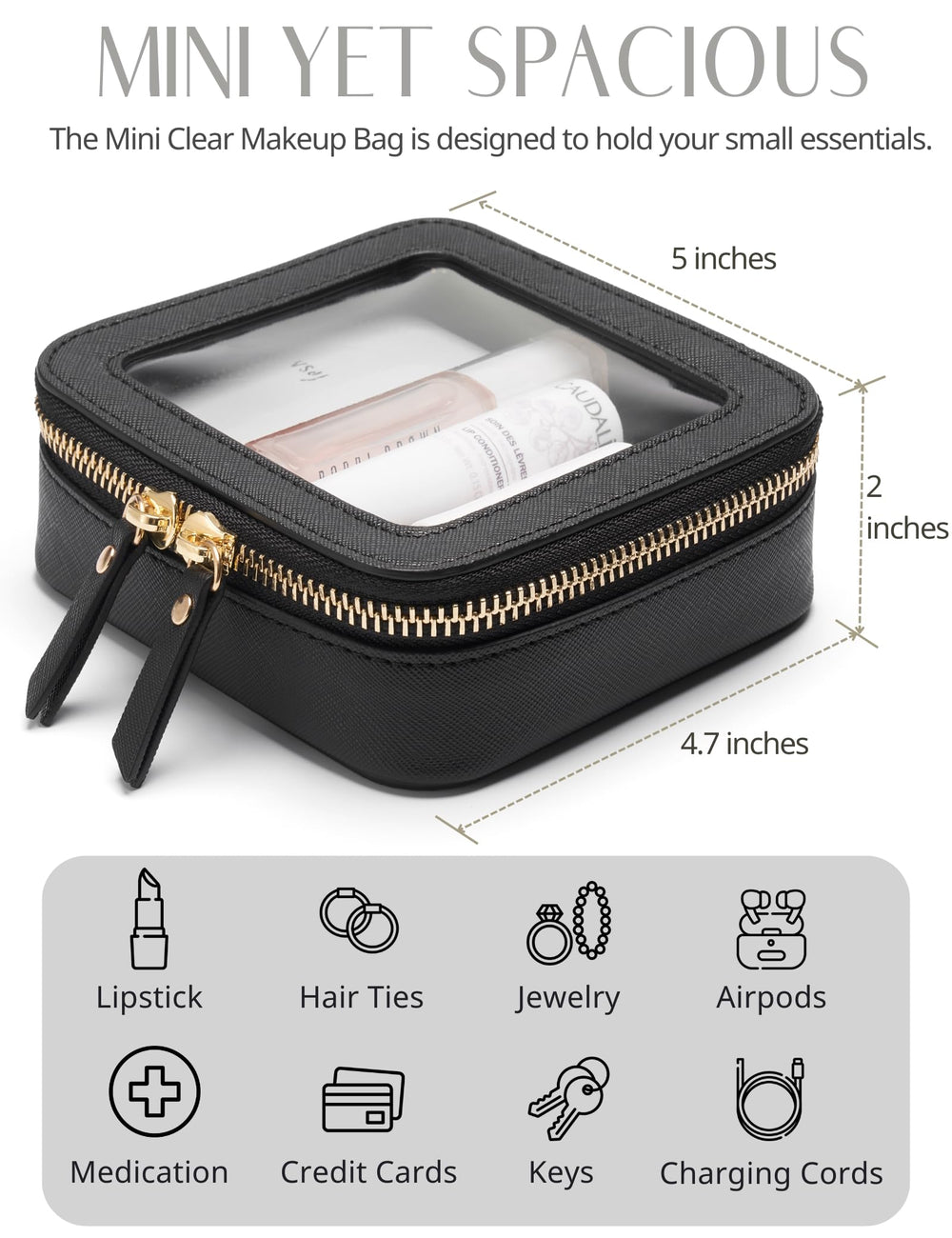Popvibe mini clear black makeup bag front-zip design emphasizes secure closure and quick access to essentials.