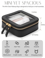 Popvibe mini clear black makeup bag front-zip design emphasizes secure closure and quick access to essentials.
