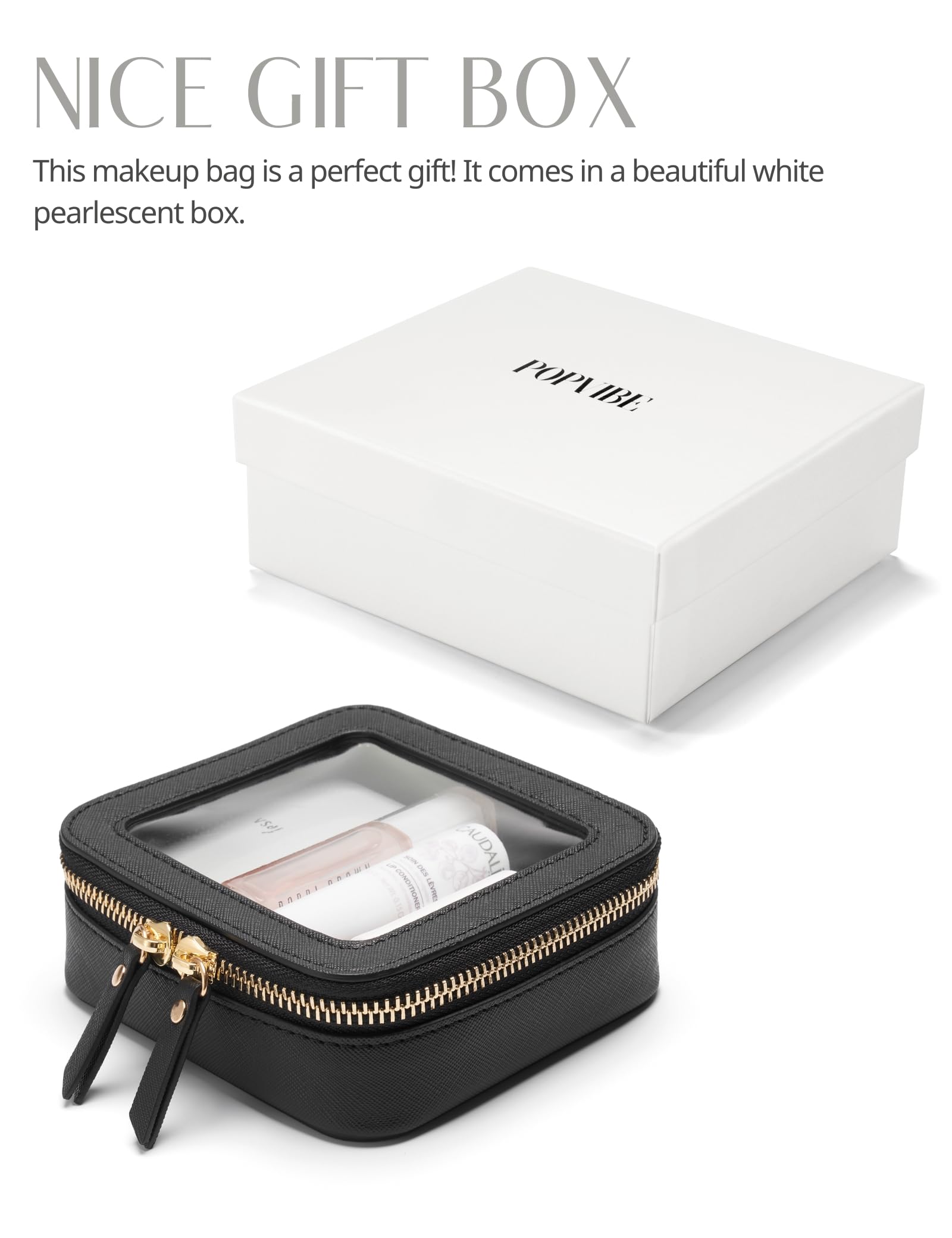 Popvibe mini clear black makeup bag luxury hardware highlights durable zipper and gold-tone accents.