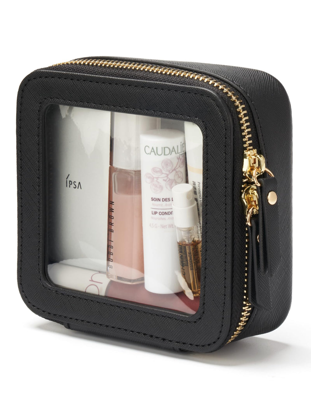 Popvibe mini clear black makeup bag open-top shows easy-access cosmetics on the go.