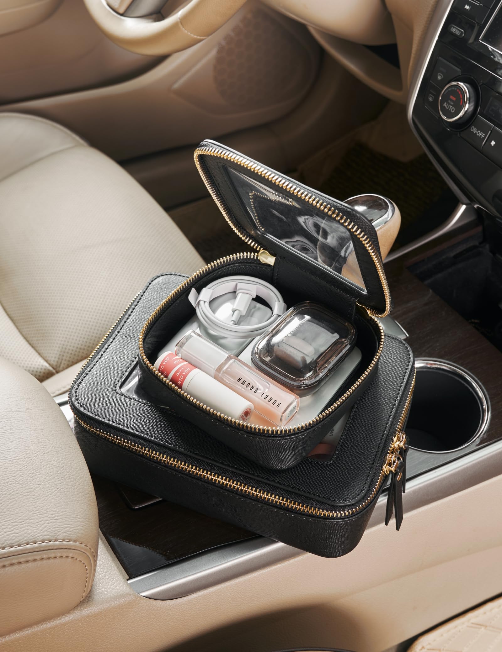 Popvibe mini clear black makeup bag side detail shot shows saffiano leather and hardware.