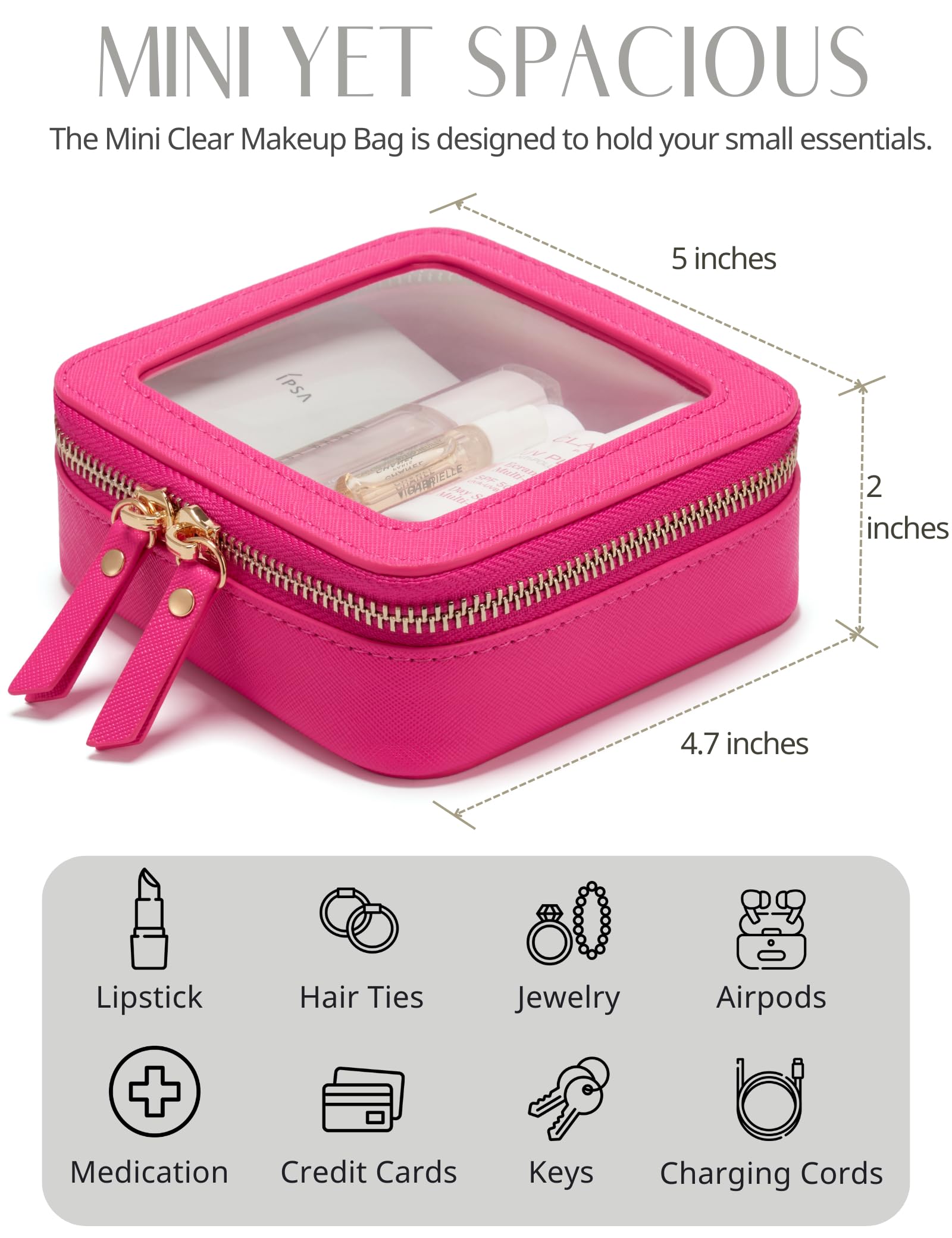 Popvibe mini makeup bag measures 5x4.7x2 inches for daily essentials.
