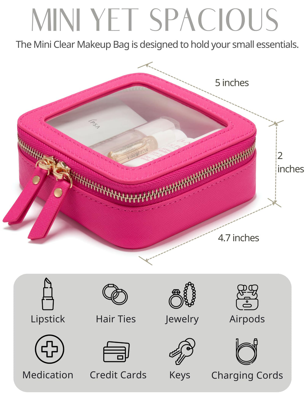 Popvibe mini makeup bag measures 5x4.7x2 inches for daily essentials.