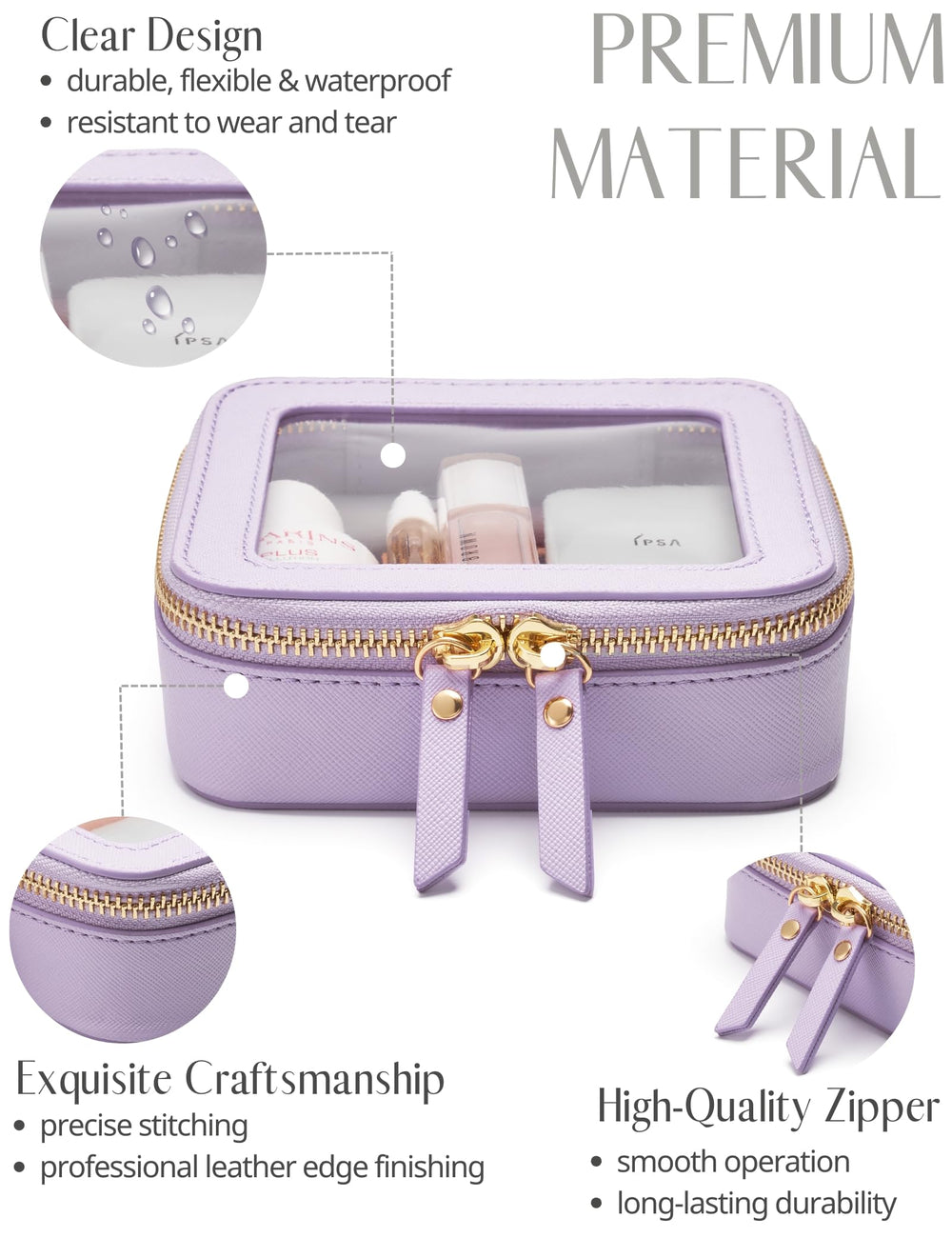 Popvibe purple mini makeup bag zipper closeup highlights premium finish and secure storage.