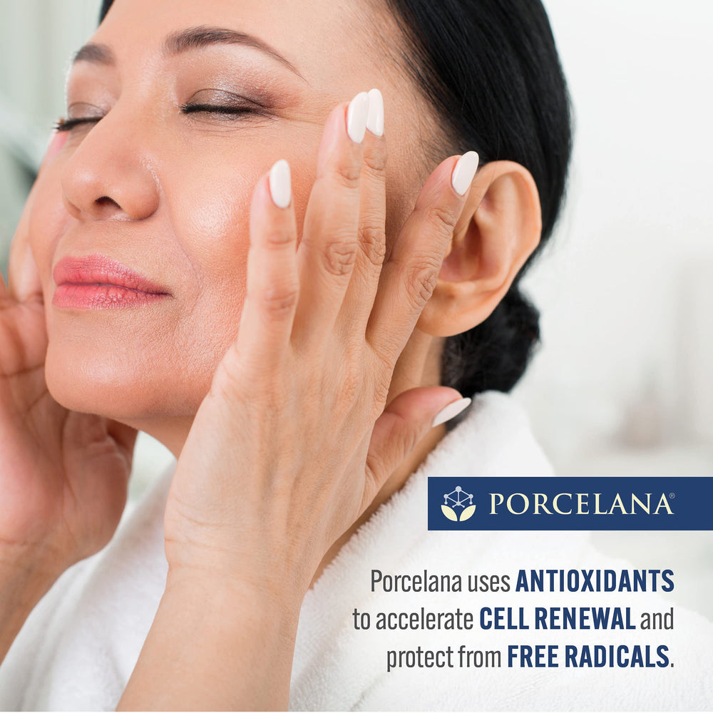 Porcelana Nighttime Hydration Cream on vanity alongside sunscreen and makeup essentials