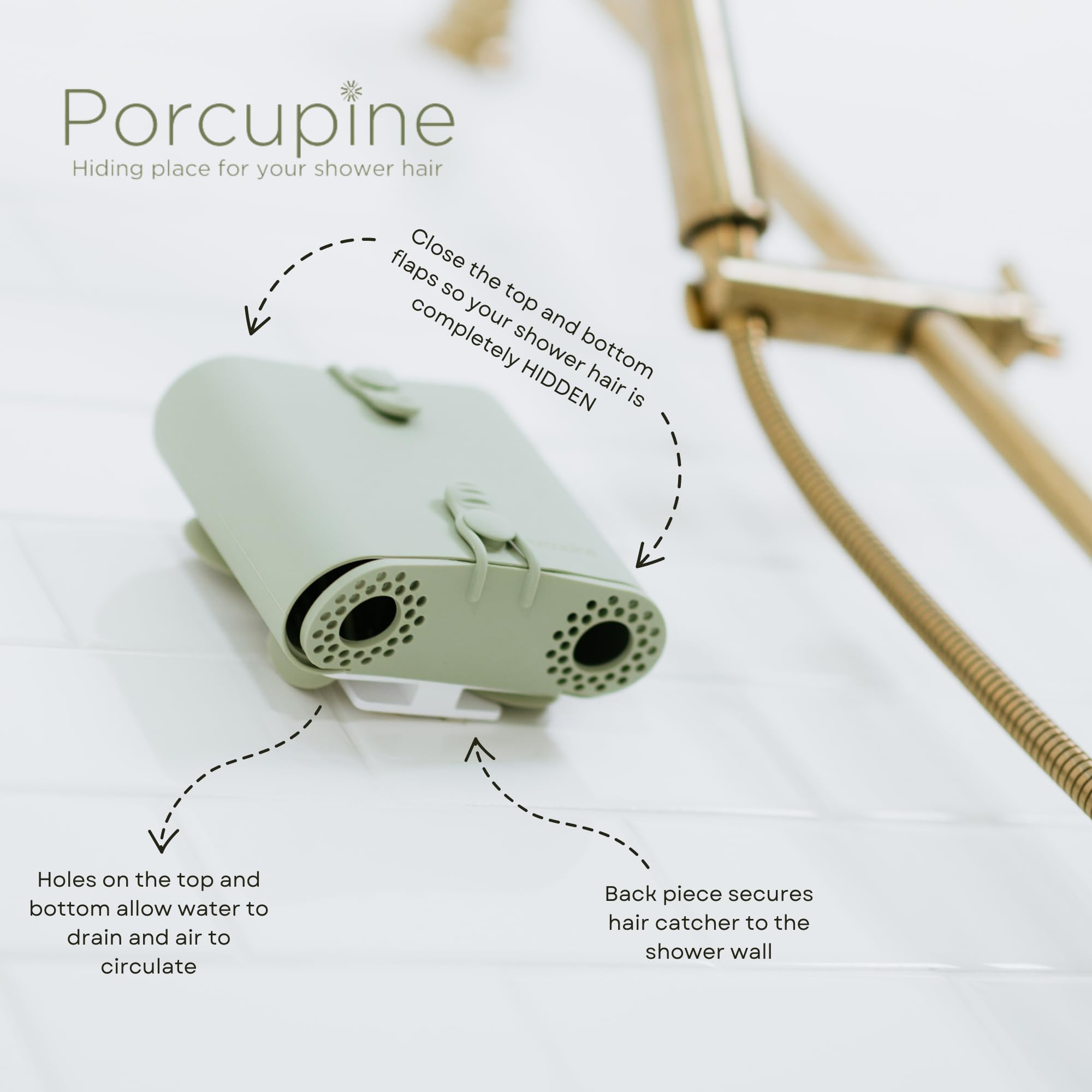 Porcupine shower wall hair catcher includes heavy-duty hanger for versatile storage.