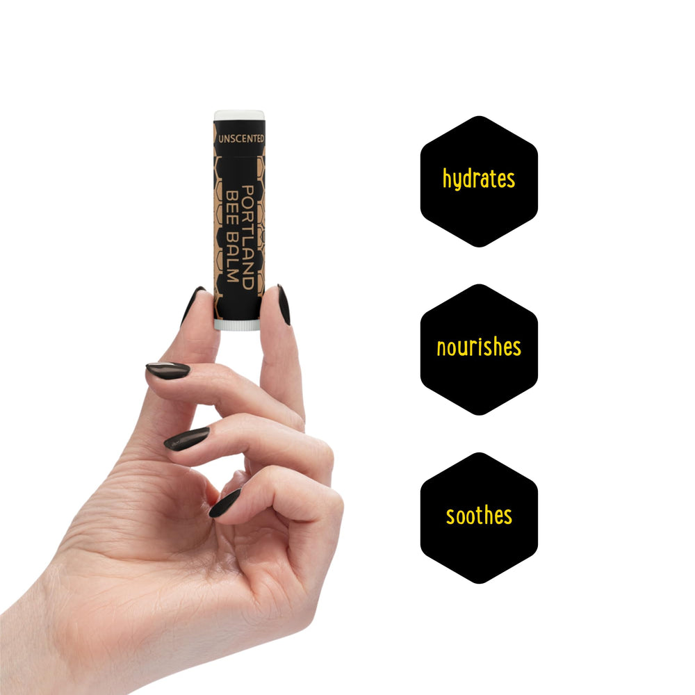 Portland Bee Balm beeswax close-up highlights natural texture for everyday lip care.