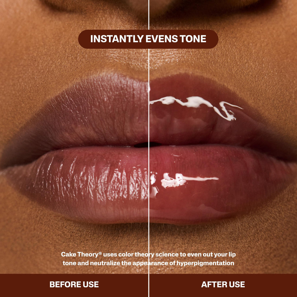 POUND CAKE Cake Theory lip oil swirl reveals cushiony texture and shine