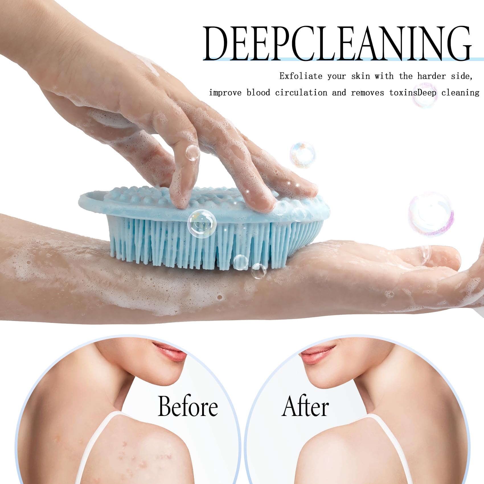 PQRUU silicone body scrubber dual-sided design boosts cleansing and invigorating massage.