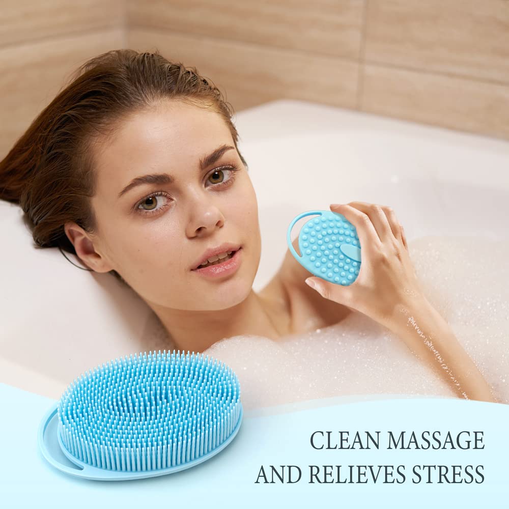 PQRUU silicone body scrubber hangs to dry for quick hygiene after showers.
