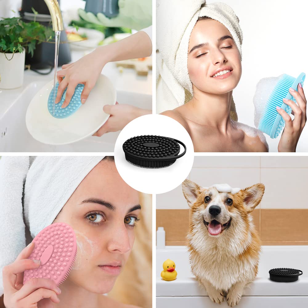 PQRUU 3-pack silicone body scrubber supports versatile use as shower, facial, or dish scrubber.