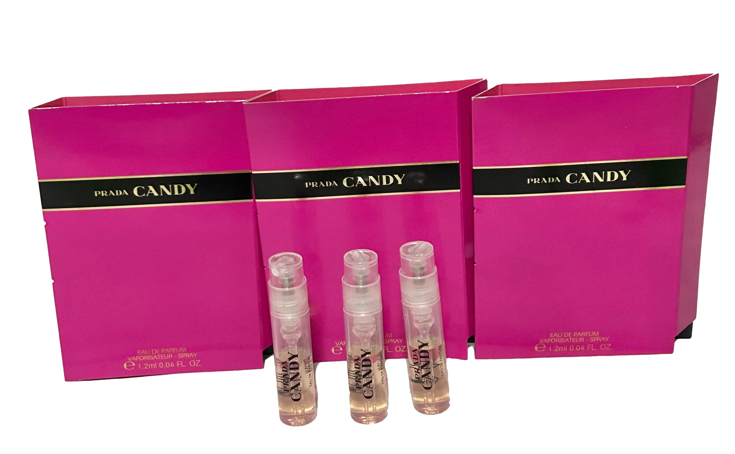 Prada Candy sample bottle close-up, ideal for on-the-go mood-lifting elegance.