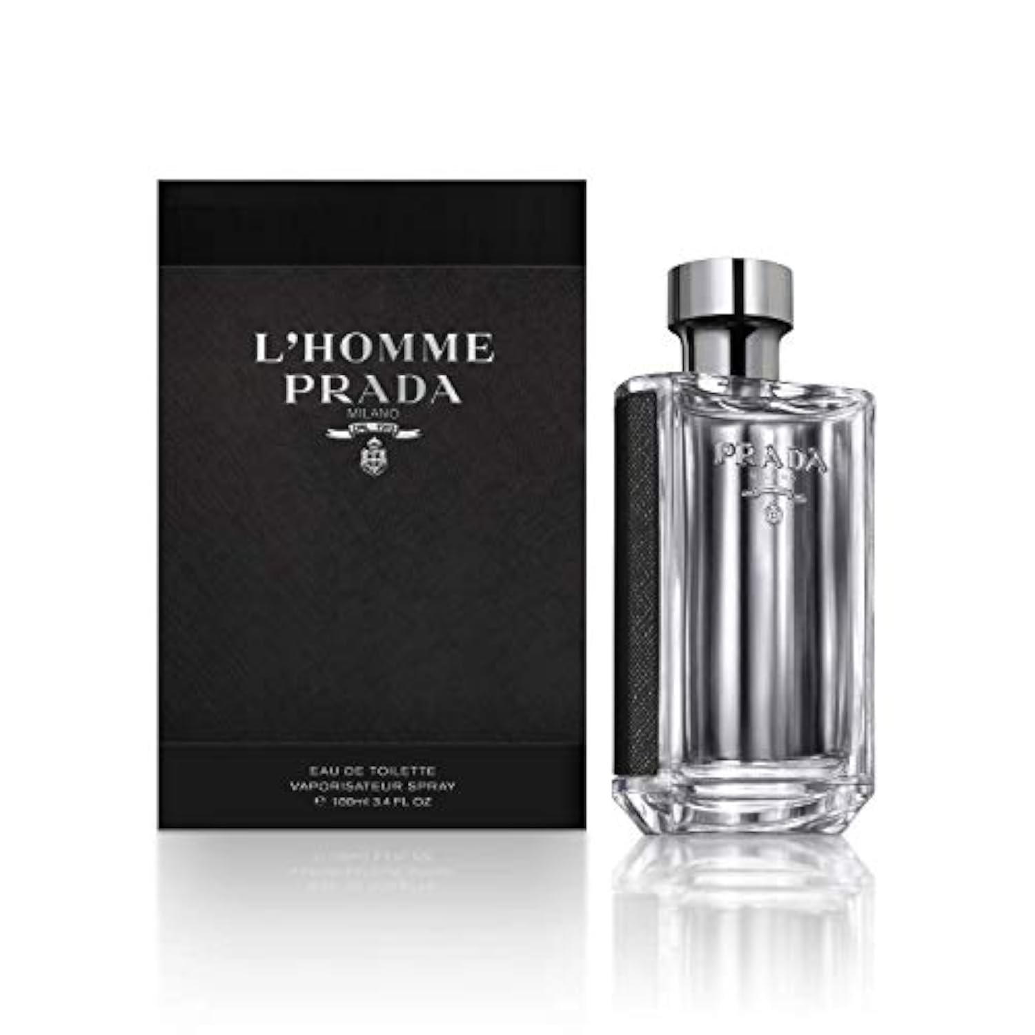 Prada L'Homme bottle front view conveys versatile everyday fragrance.