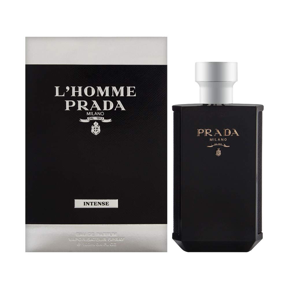 Prada L'Homme Intense bottle front view for confident daytime fragrance.