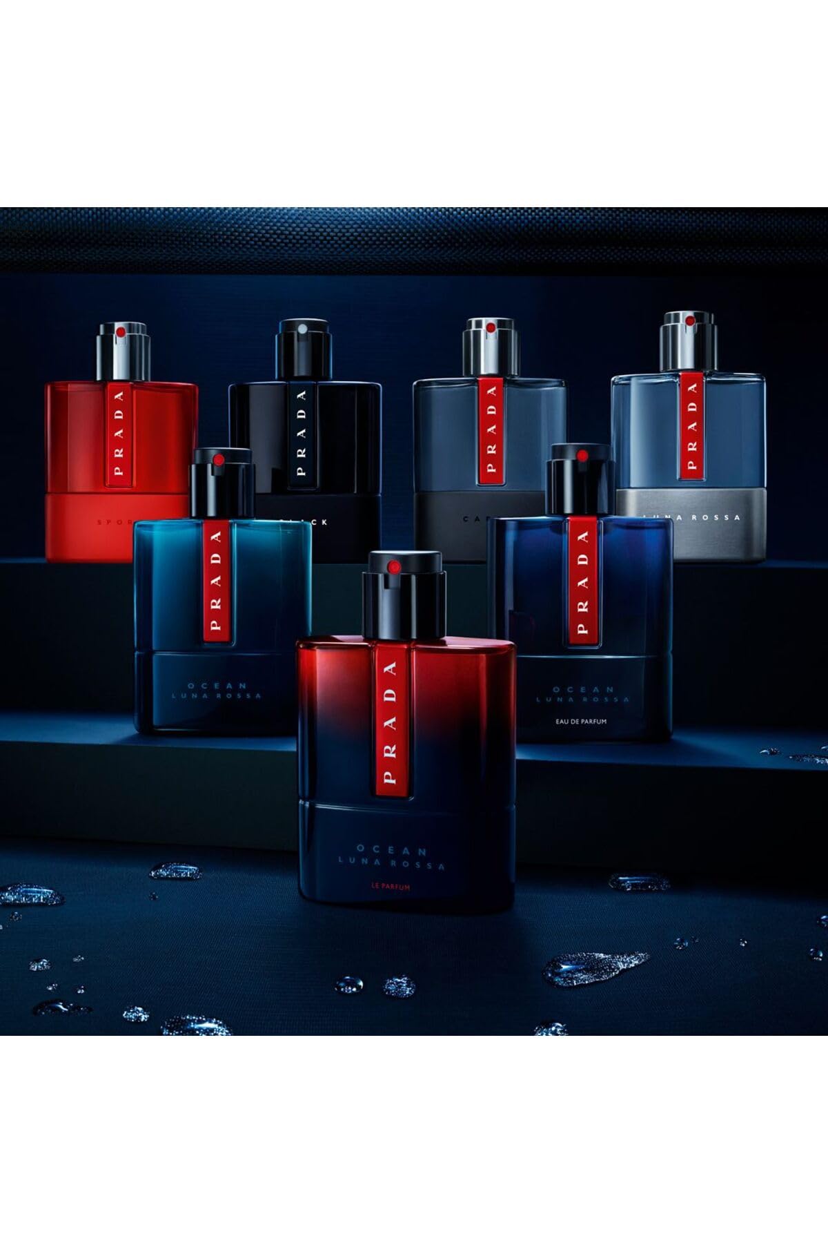 Prada Luna Rossa Carbon bottle on shelf for travel-ready fragrance.