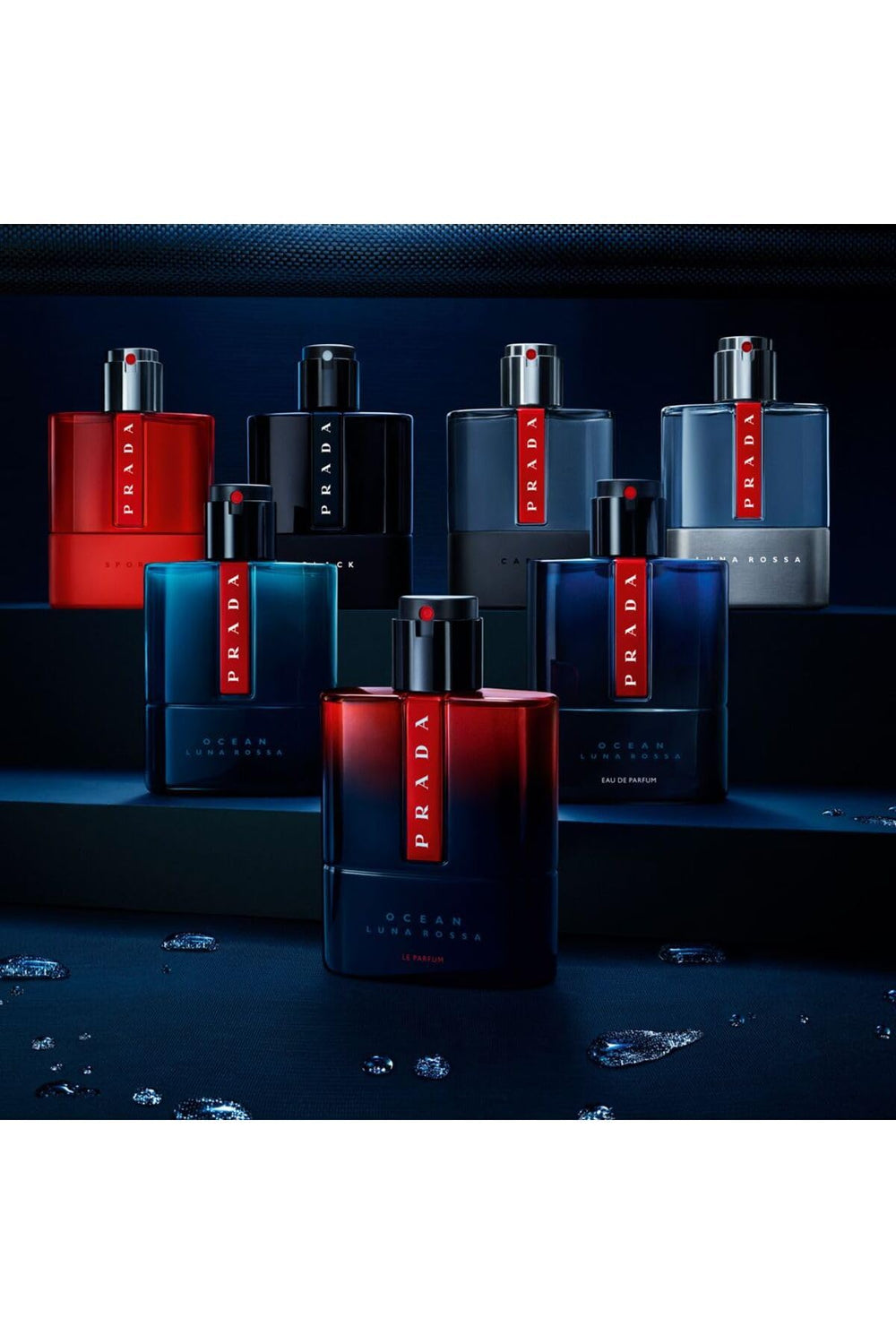 Prada Luna Rossa Carbon bottle on shelf for travel-ready fragrance.