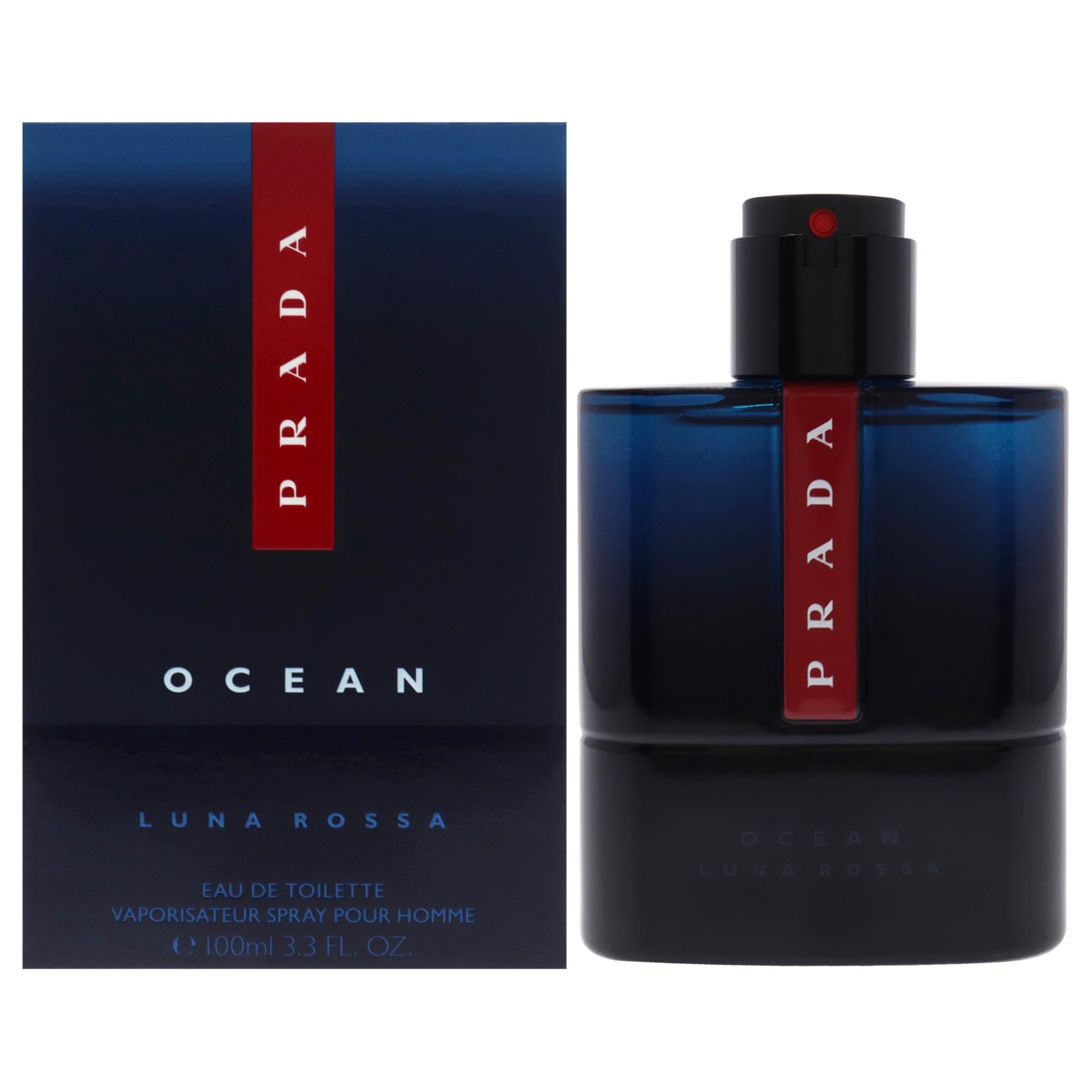 Prada Luna Rossa Ocean bottle front view suggests fresh, aquatic energy for daytime wear.