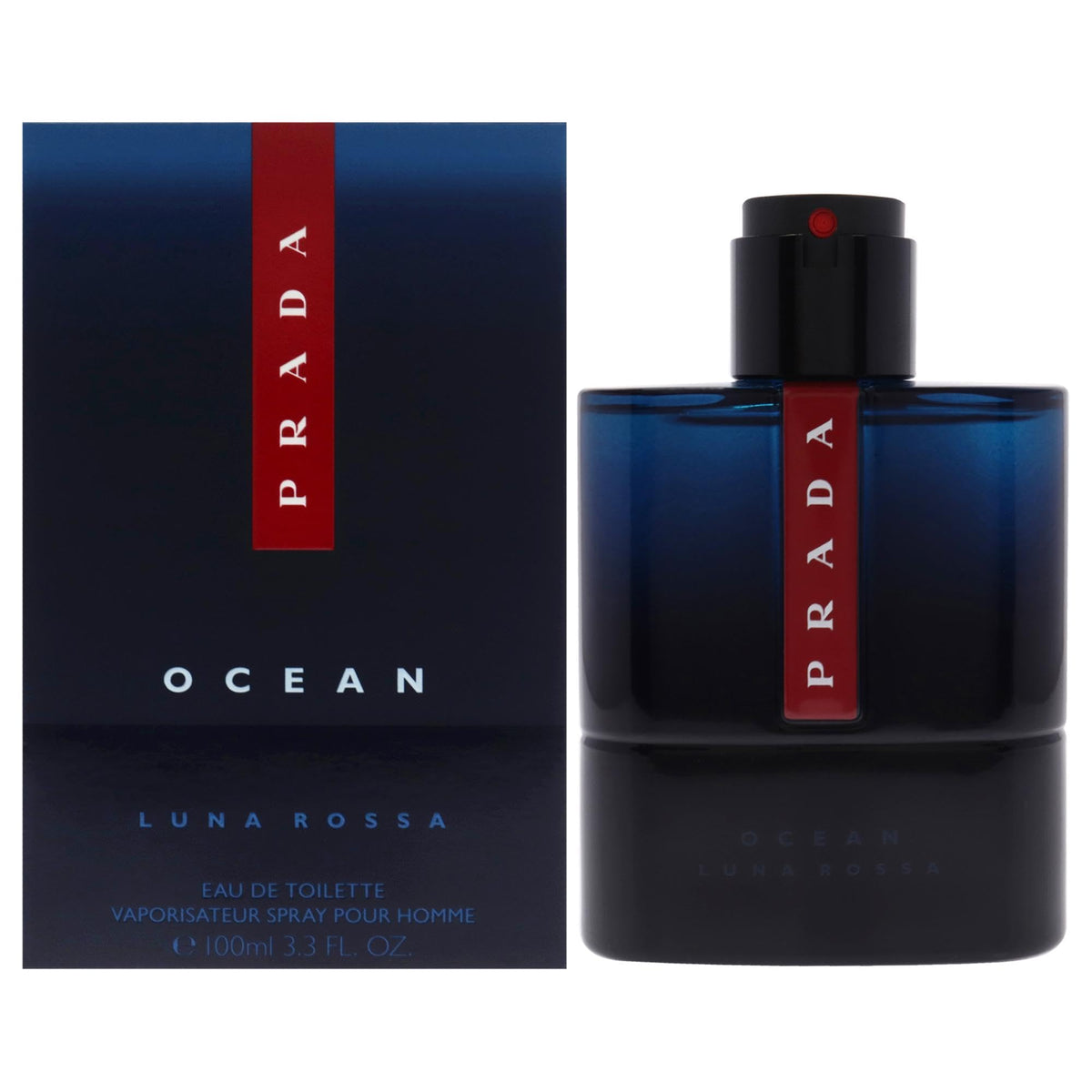 Prada Luna Rossa Ocean bottle front view suggests fresh, aquatic energy for daytime wear.