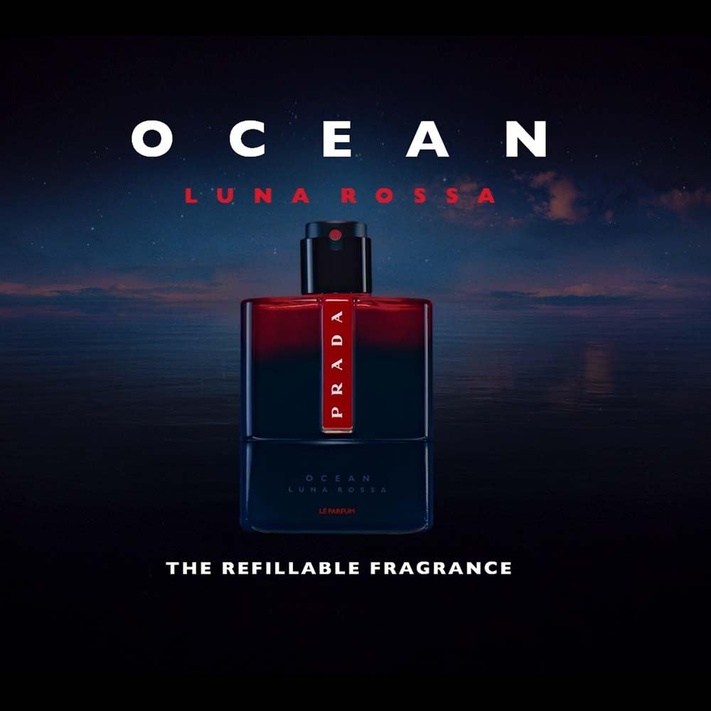 Prada Luna Rossa Ocean Le Parfum refill cap close-up emphasizes eco-friendly refill.