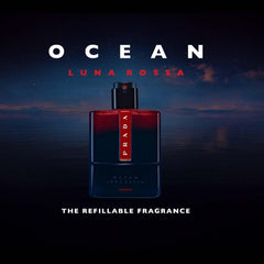 Prada Luna Rossa Ocean Le Parfum refill cap close-up emphasizes eco-friendly refill.