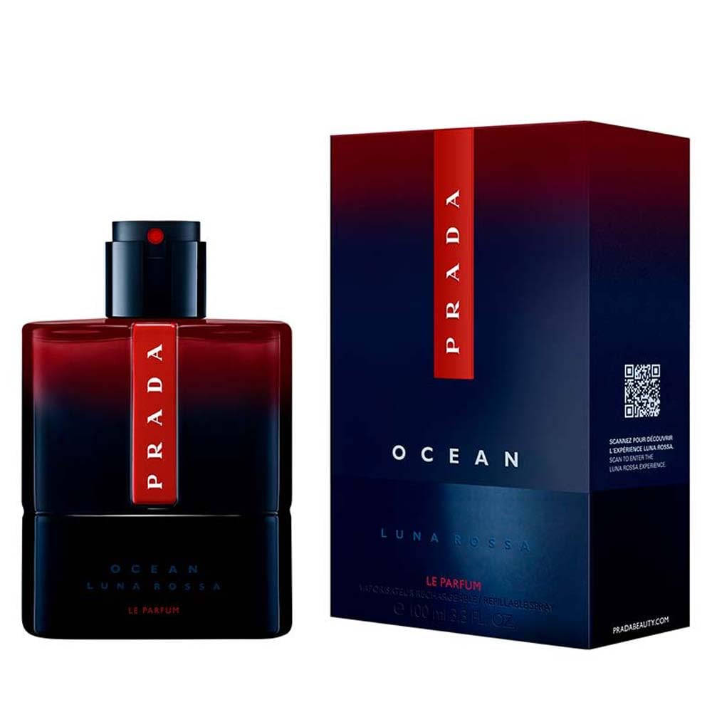 Prada Luna Rossa Ocean Le Parfum bottle with splash image suggests refreshing aquatic scent.