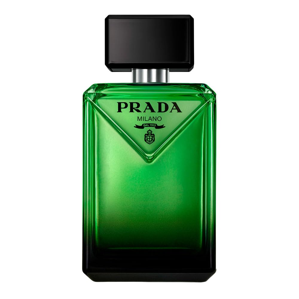 Prada Paradigme bottle front highlights refillable design for sustainable fragrance use.