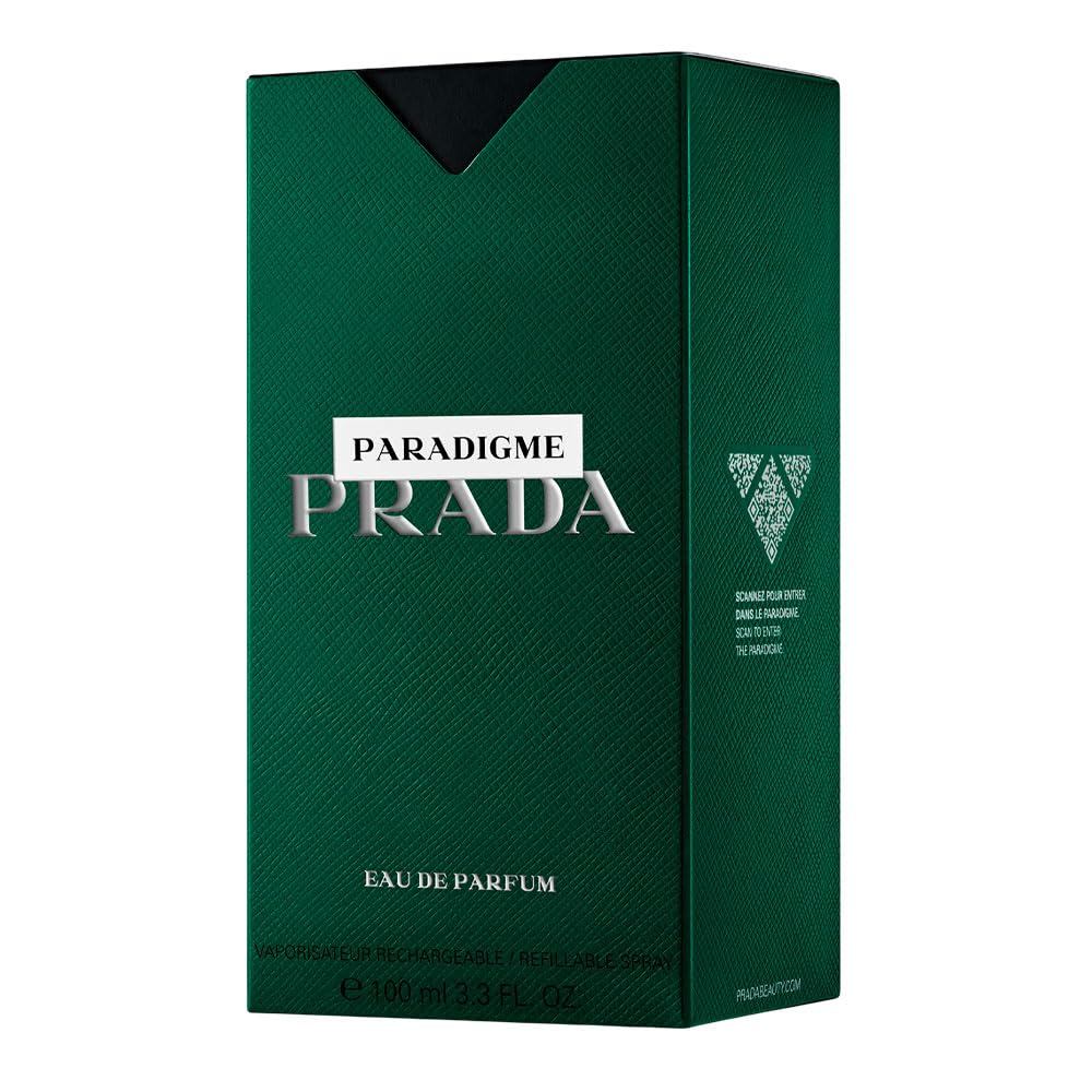 Prada Paradigme woody-musk heart closeup signals refined modern sophistication.