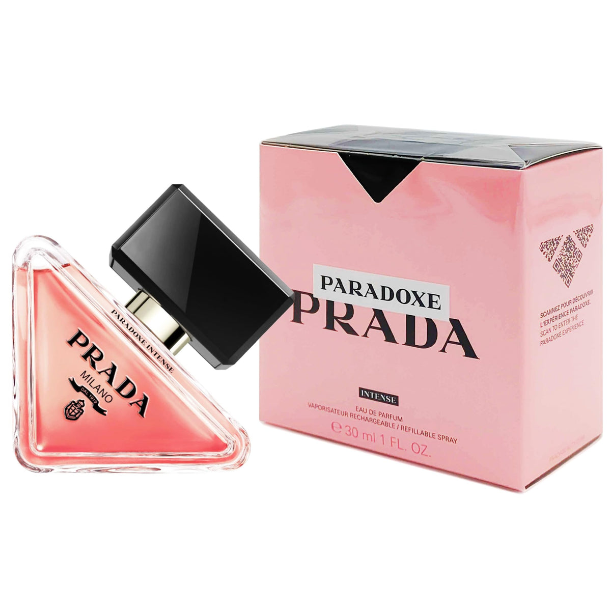 Prada Paradoxe Intense EDP bottle close-up highlighting refillable design for sustainable luxury.