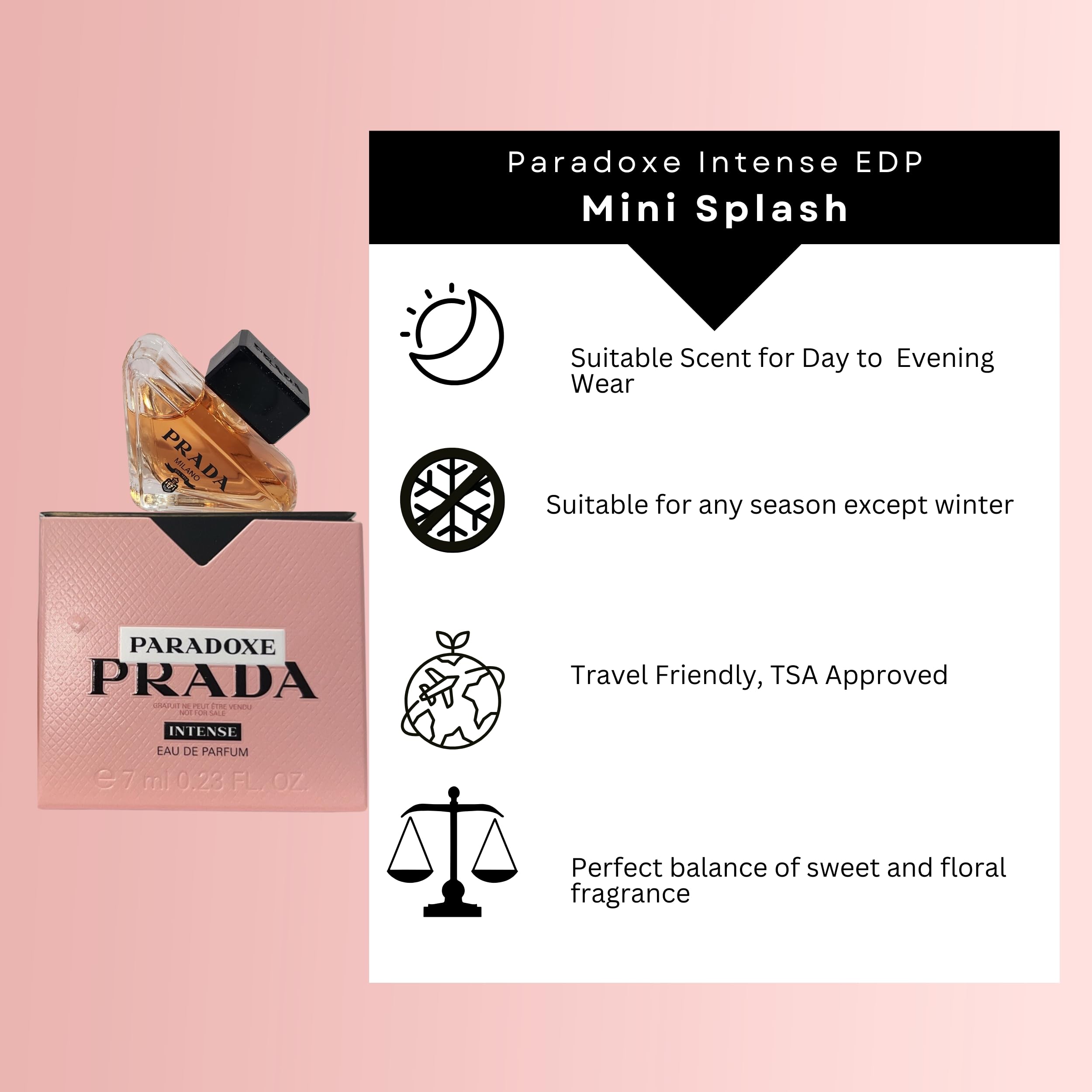 Prada Paradoxe Intense bottle front view, elegant design and floral-amber profile.