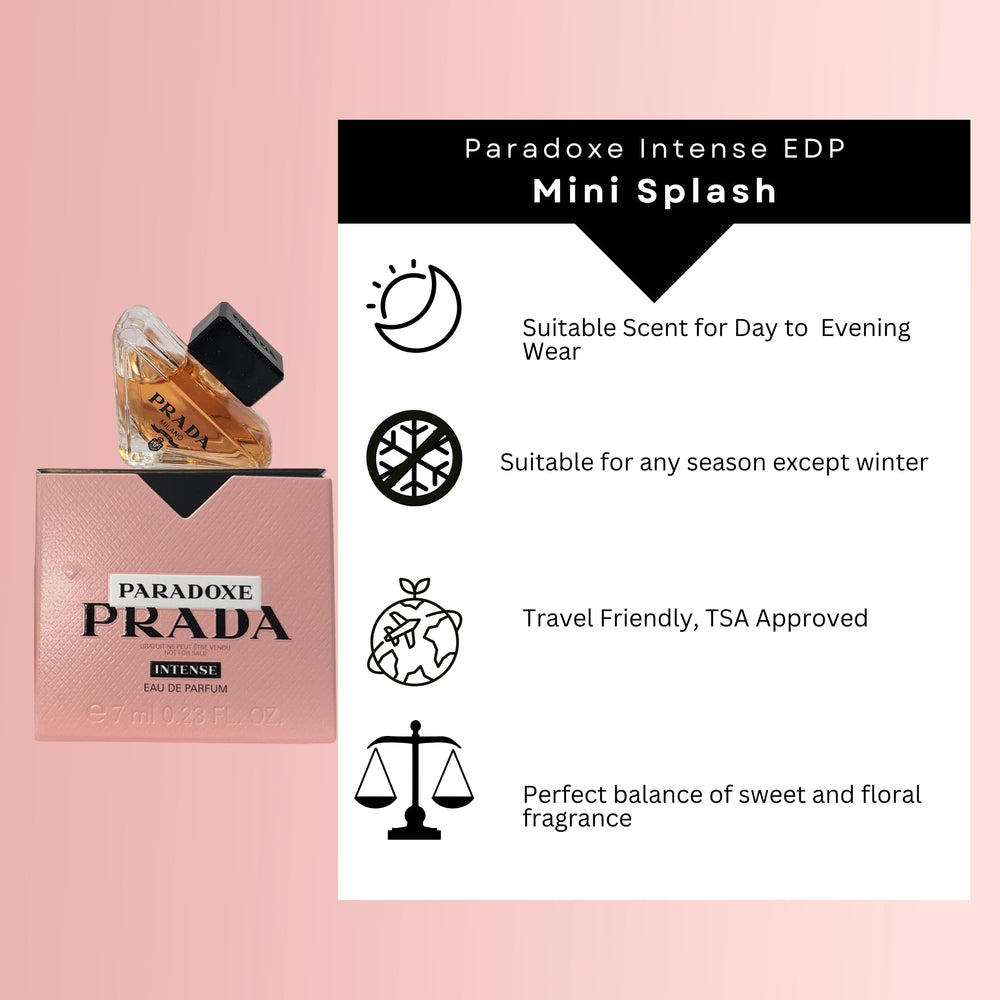 Prada Paradoxe Intense bottle front view, elegant design and floral-amber profile.