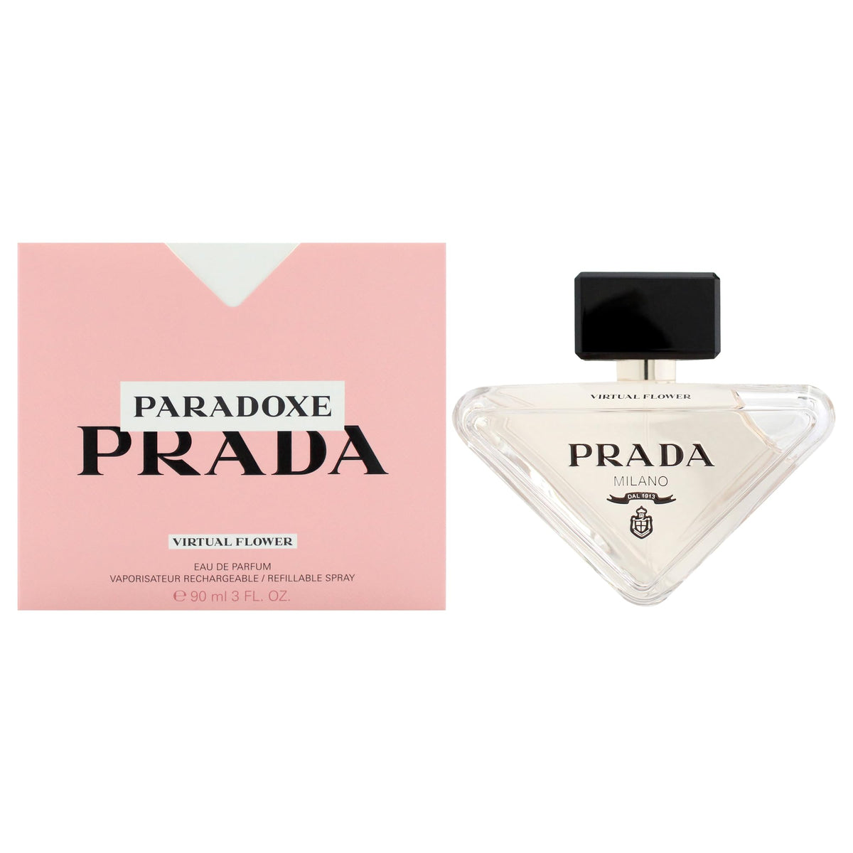 Prada Paradoxe Virtual Flower bottle on vanity, highlighting refillable luxury for daily use