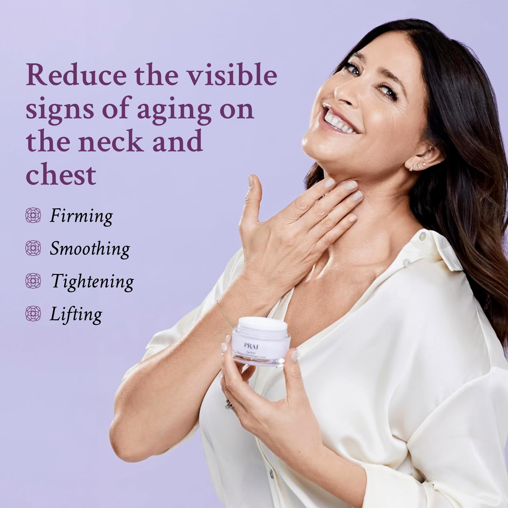 PRAI ageless throat cream swatch demonstrating lifting-focused application.