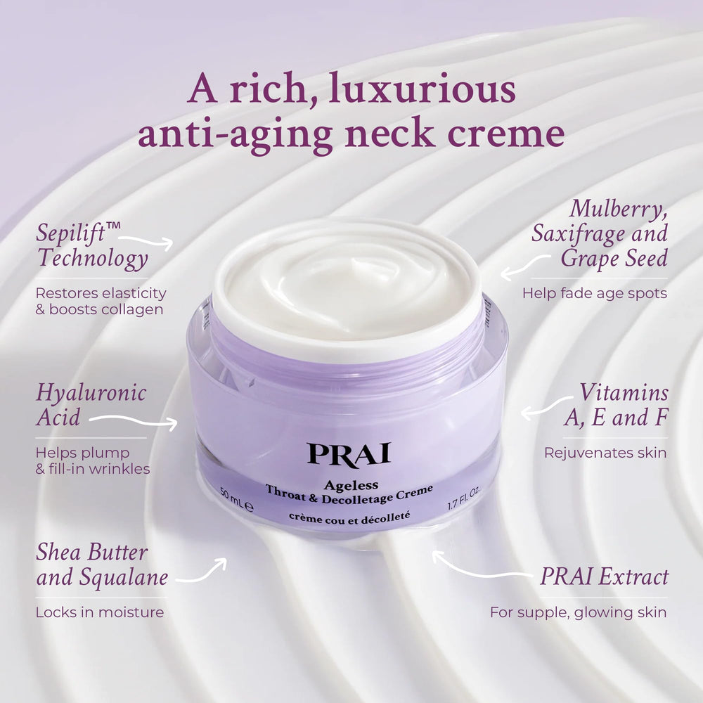 PRAI neck creme tube applying on neck for even hydration.