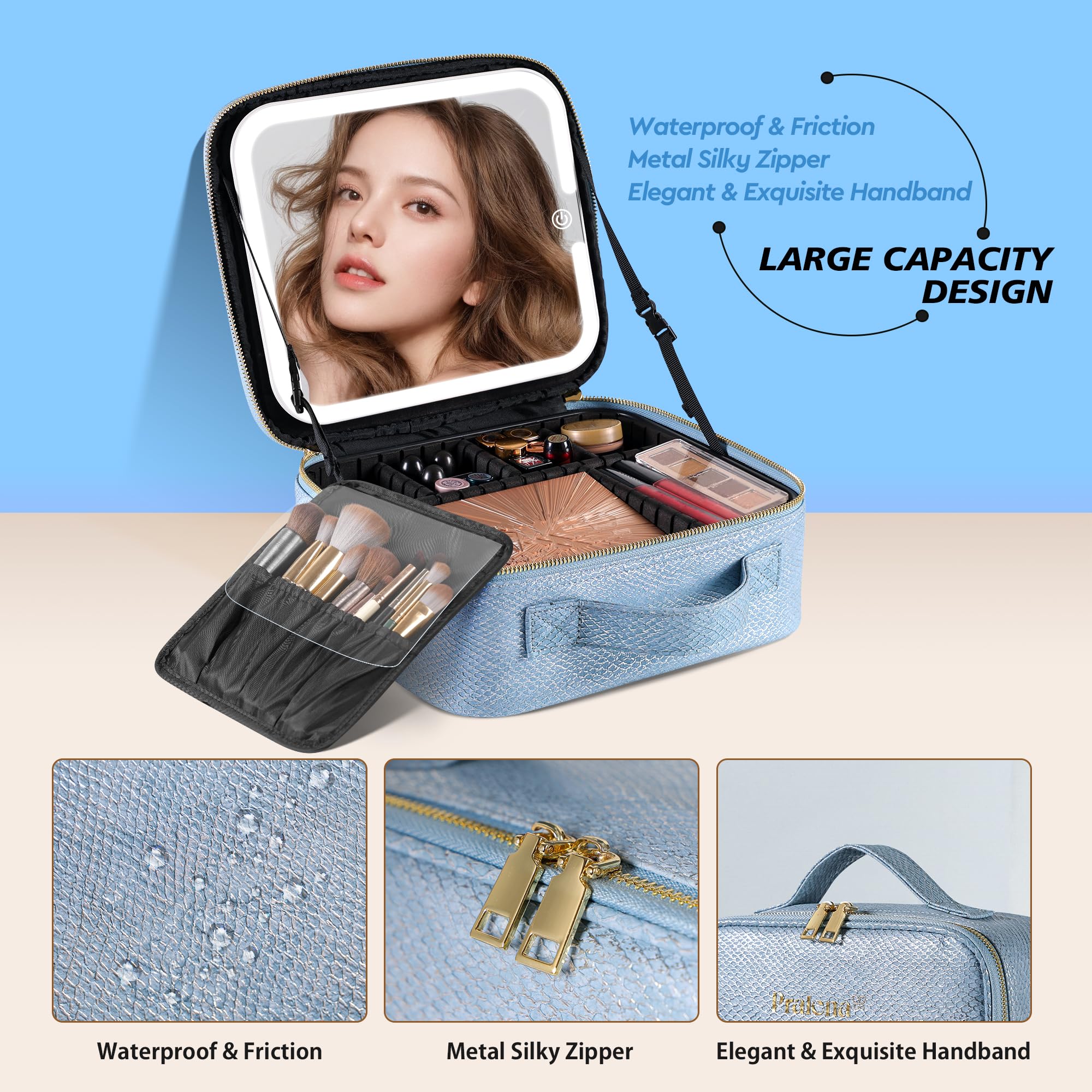 Durable PRALENA Mermaid Shine Blue PU leather makeup bag resists spills and cleans easily.