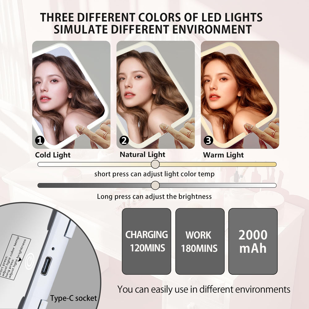 PRALENA Mermaid Shine Blue bag highlights LED mirror with adjustable brightness for precise lighting.