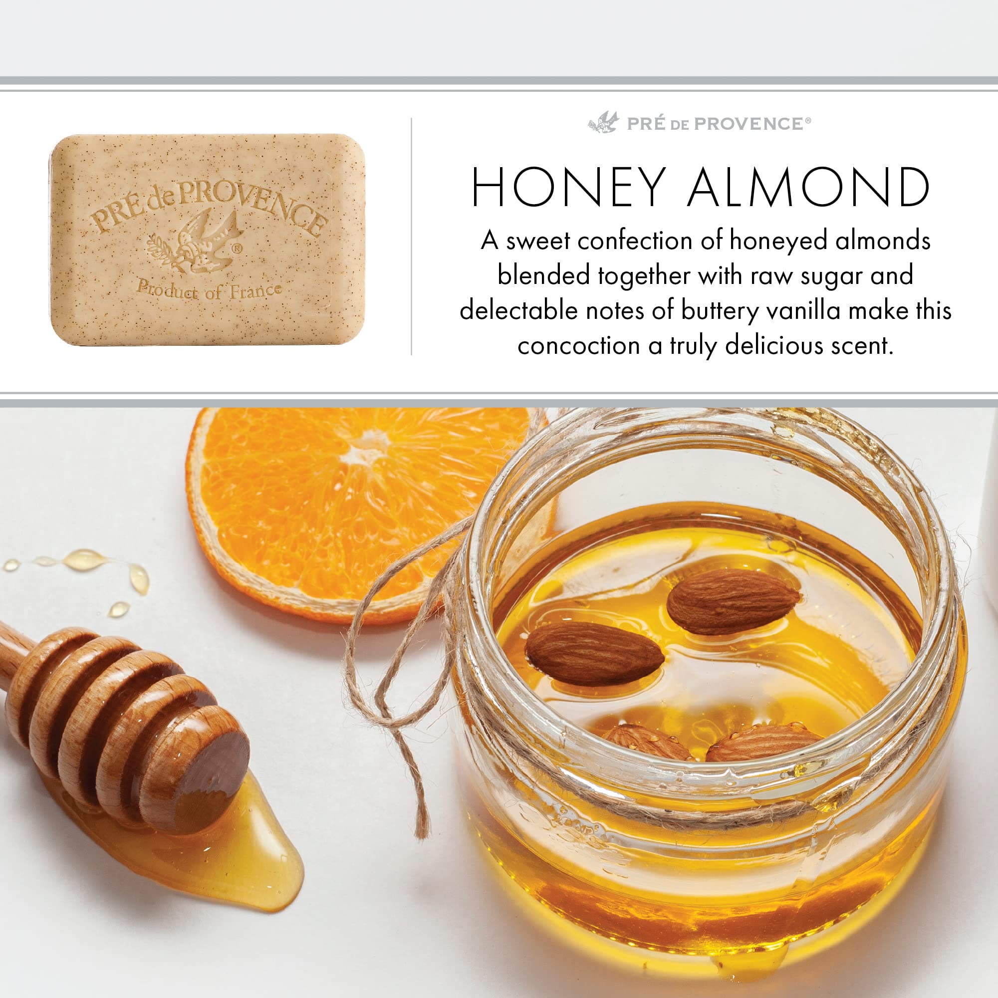 Exfoliante suave de miel y almendra en barra Pre de Provence para cuidado semanal.