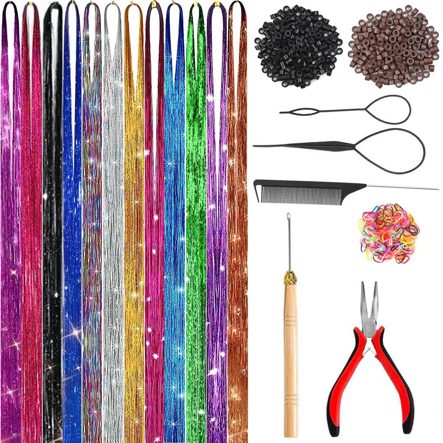 Prehot Hair Tinsel Kit contents with tools and color options.