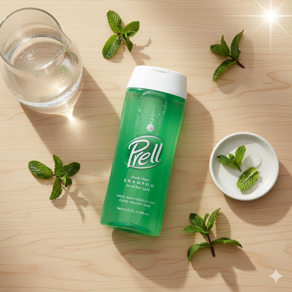 Prell Original Green Shampoo lather action showing deep cleansing for buildup removal
