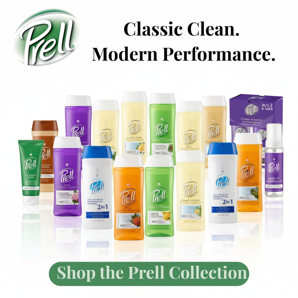 Prell Original Green Shampoo pouring shot suggesting quick rinse and bright finish