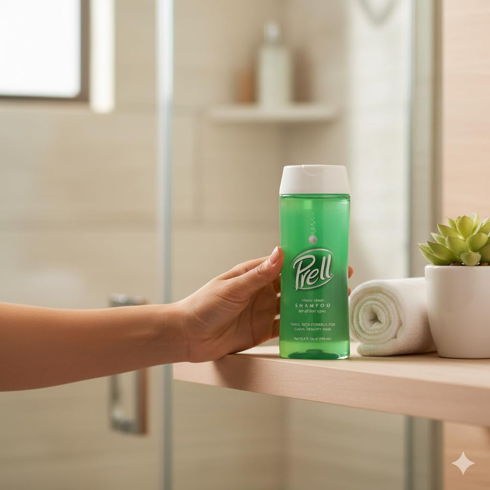 Prell Original Green Shampoo pours lather illustrating deep cleansing action for refreshed hair