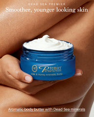 Premier Dead Sea Body Butter application shows fast absorption on damp skin.