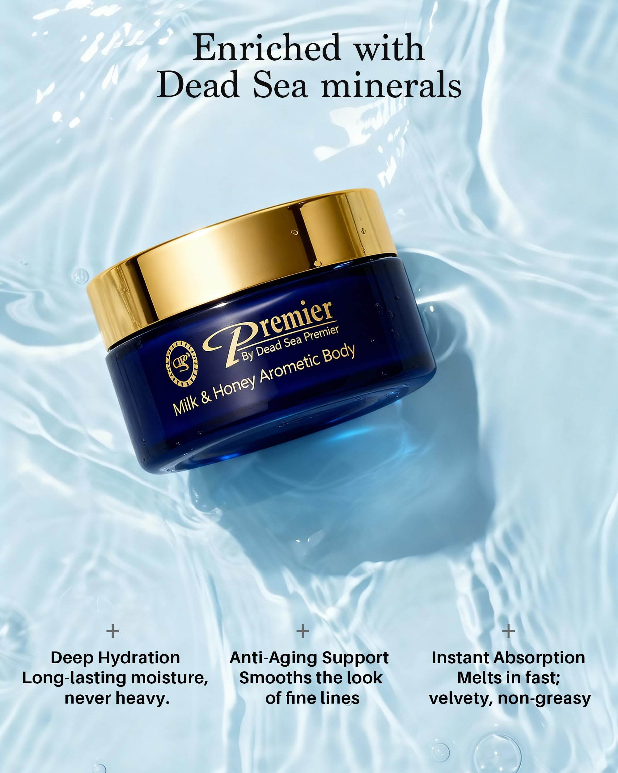 Premier Dead Sea Body Butter jar conveys premium, gift-ready skincare.