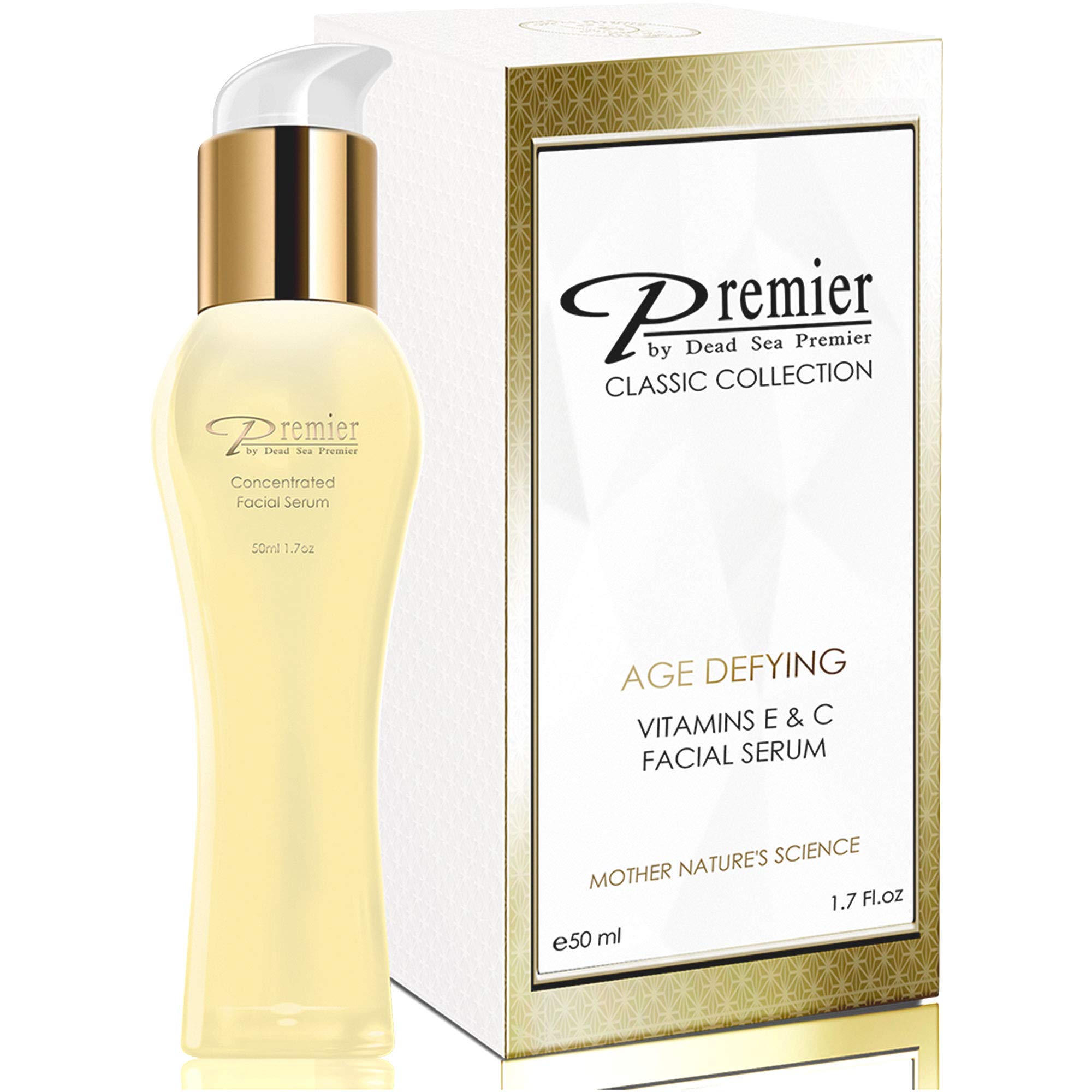 Premier Dead Sea Vitamin C Serum bottle delivering brightening hydration