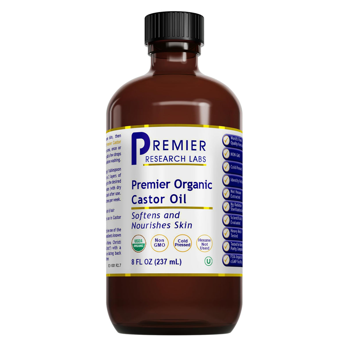 Premier Research Labs castor oil bottle for face nourishes and softens skin