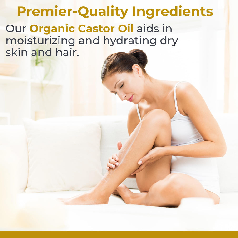 Premier Research Labs castor oil label closeup highlights hexane-free purity and organic sourcing